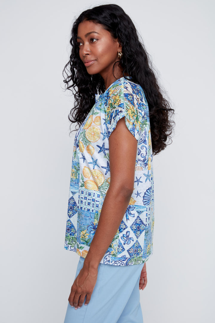 SHORT SLEEVE LEMON CROCHET DETAIL TOP - BLUE
