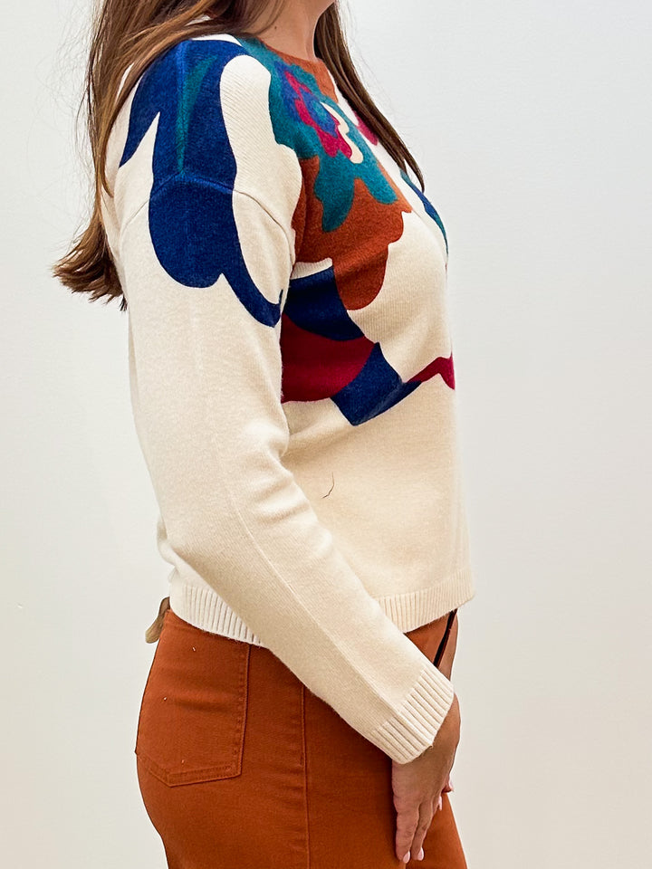L/S CREW NECK FLORAL SWEATER - BEIGE