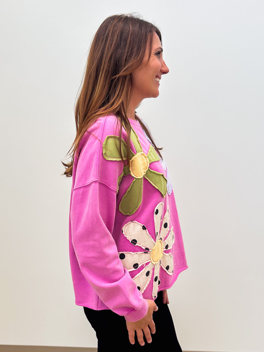 OVERSIZED FLORAL PATCH PULLOVER - DRAGON FRUIT