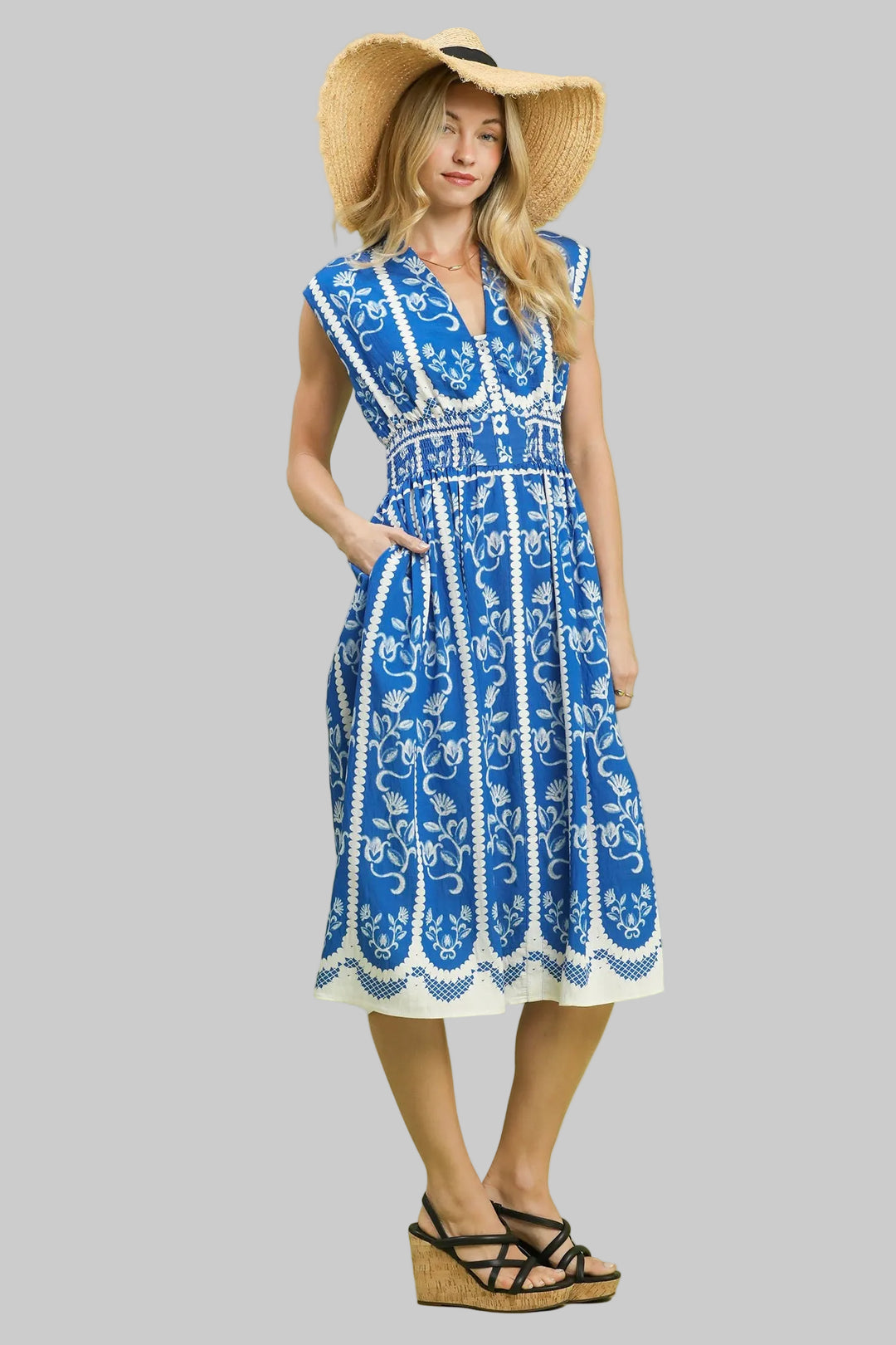 blue floral boho midi dress AX Paris Women's Blue Boho Floral Print Tie Racer Neck Shirred Waist Midi Dress