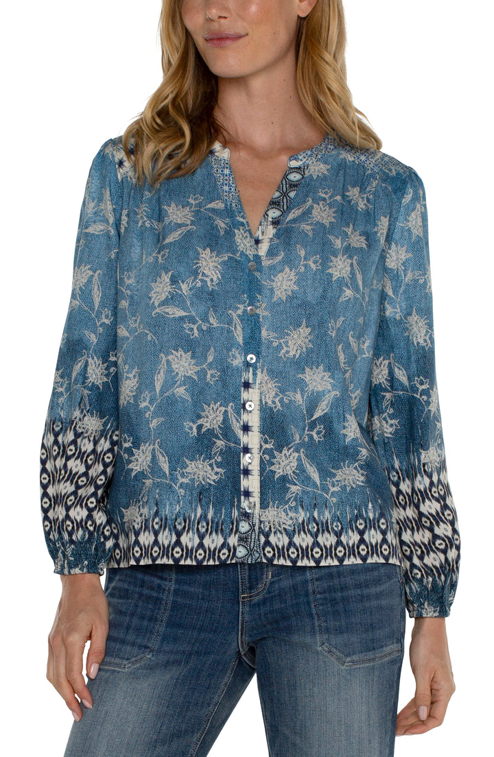 LONG SLEEVE BUTTON FRONT SHIRRED WOVEN TOP - BLUE PATCH WORK FLORAL