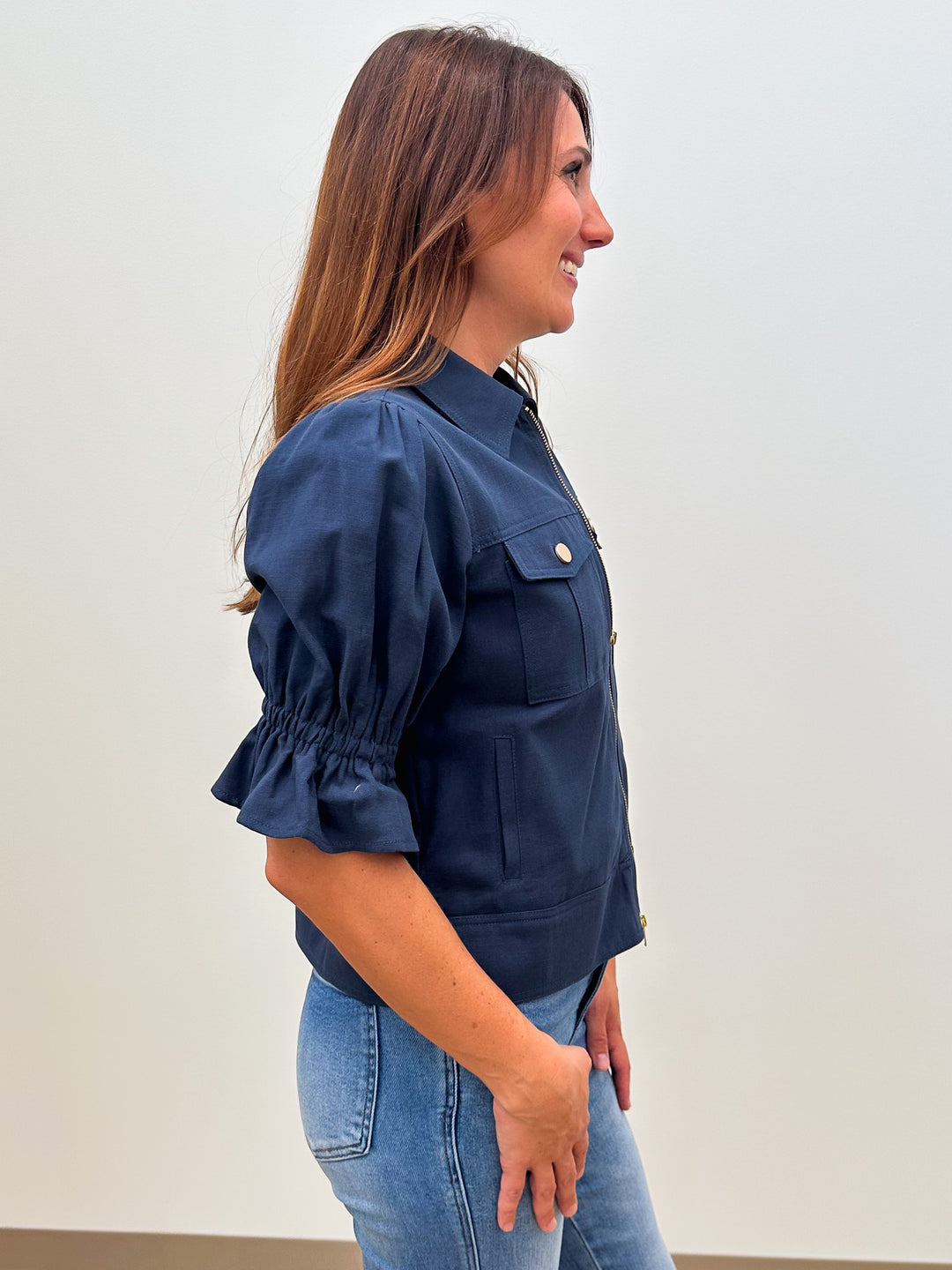 SELINE PUFF SLEEVE COLLARED ZIPPER FRONT JACKET - NAVY
