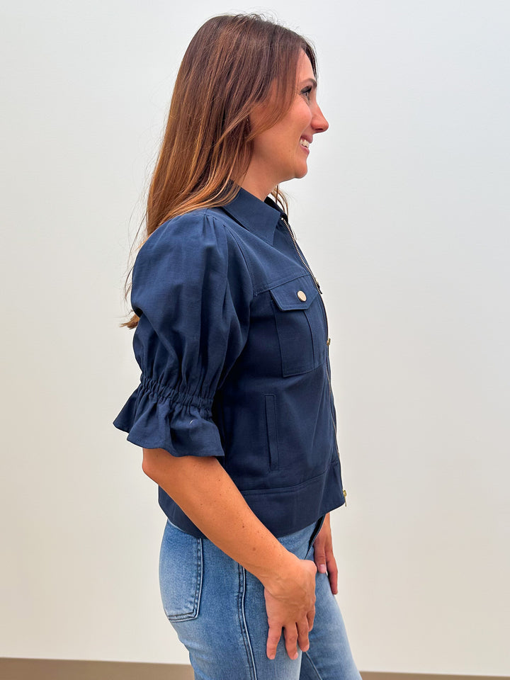 SELINE PUFF SLEEVE COLLARED ZIPPER FRONT JACKET - NAVY