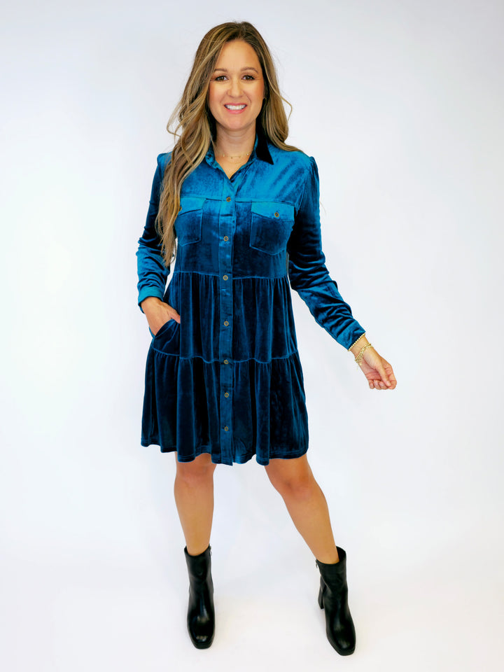 VELVET BUTTON DOWN TIERED DRESS - PEACOCK