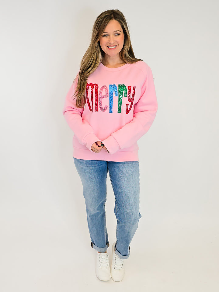 MERRY SEQUIN LETTER SWEATSHIRT - PINK