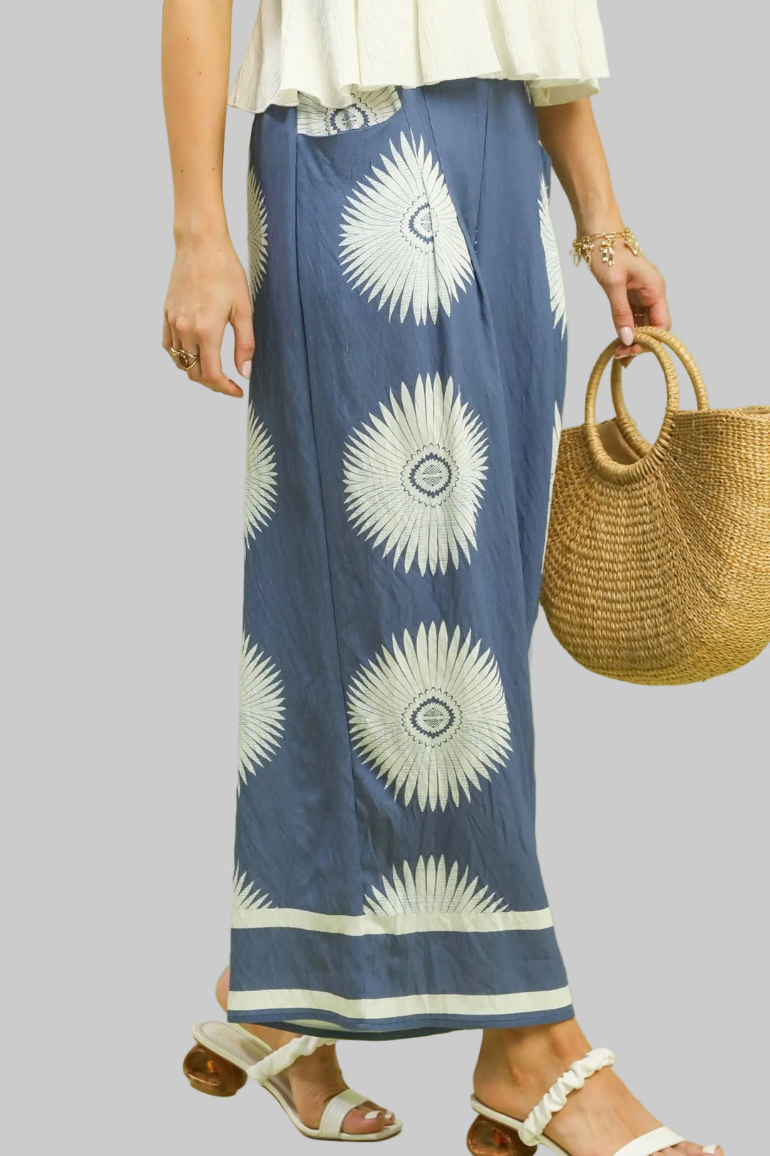 ABSTRACT BORDER PRINT PLEAT DETAIL PANTS - DENIM BLUE