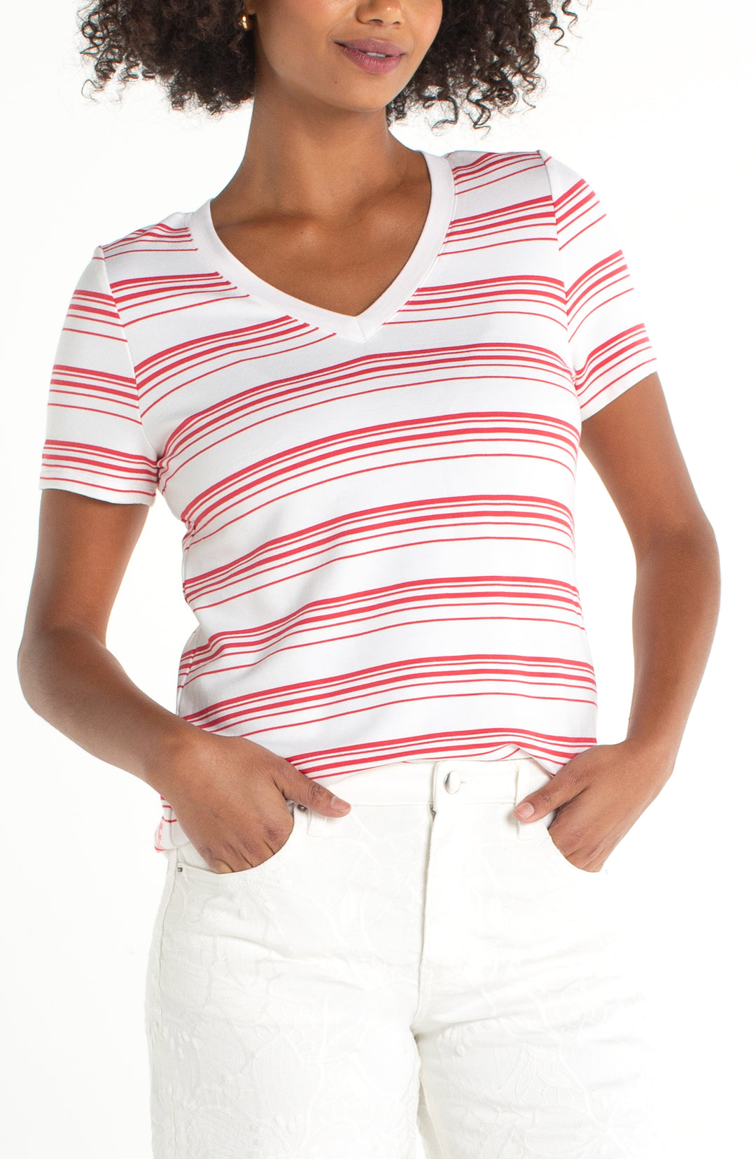 SHORT SLEEVE V-NECK KNIT TEE - WHITE/CREAM ROSE STRIPE