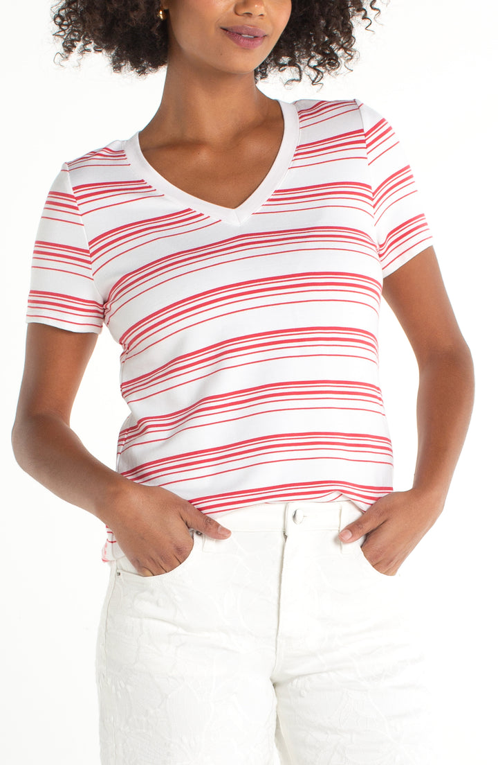 SHORT SLEEVE V-NECK KNIT TEE - WHITE/CREAM ROSE STRIPE