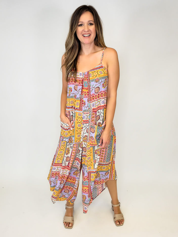 MIXED PRINT FLOWY JUMPSUIT - LAVENDER COMBO