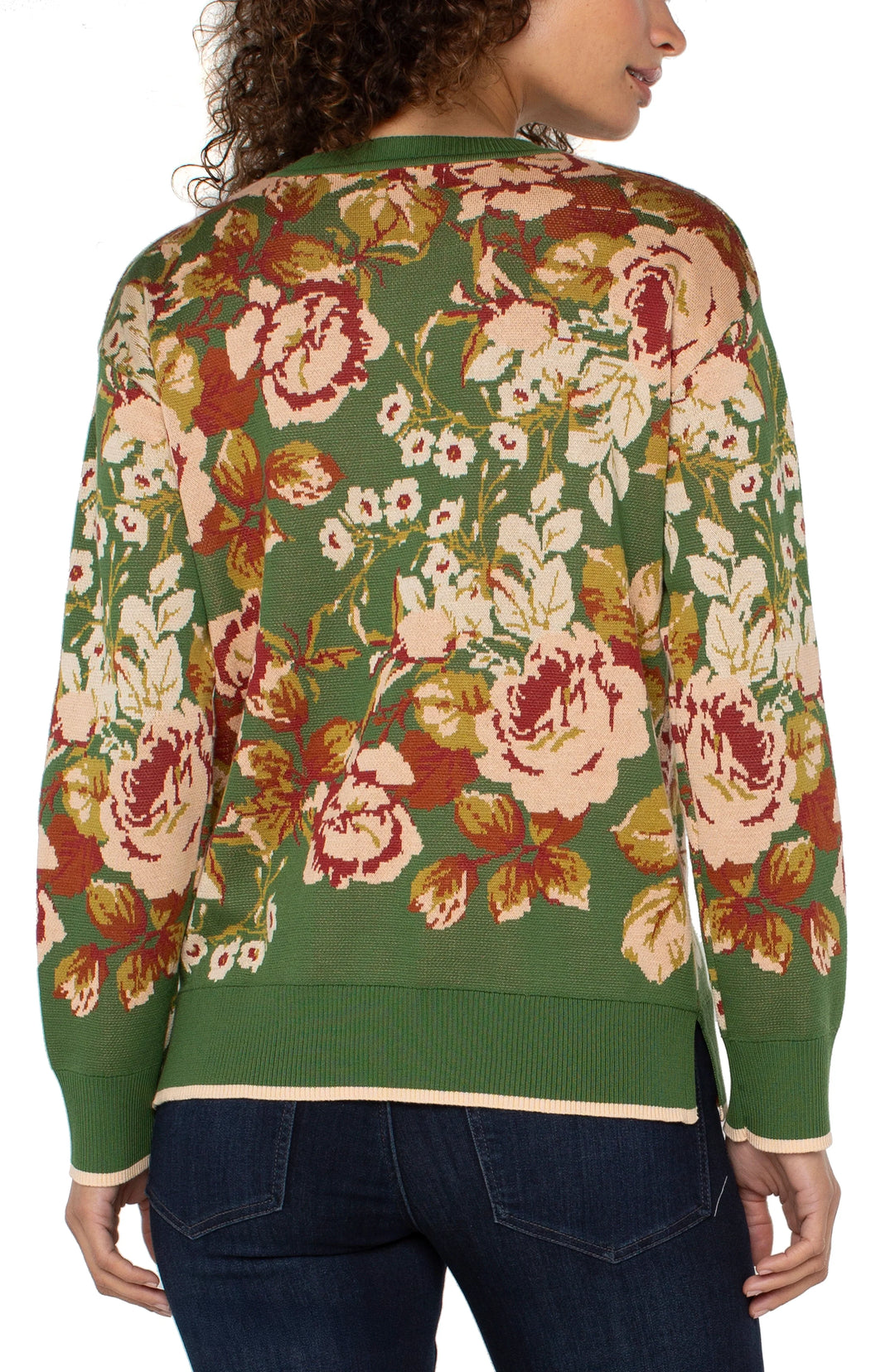 LONG SLEEVE CREW NECK SWEATER - GREEN FLORAL