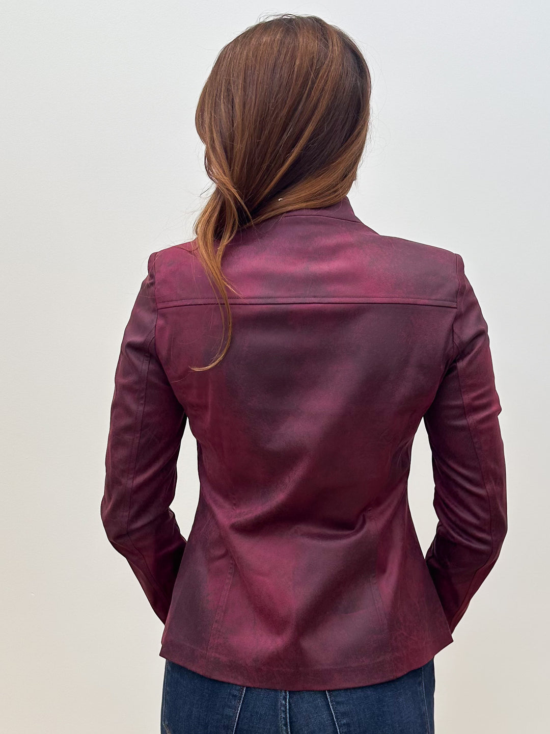 ASYMMETRICAL ZIP UP SUEDE JACKET - BURGUNDY