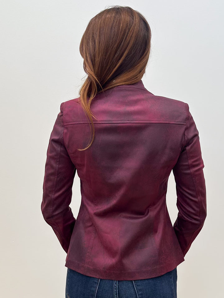 ASYMMETRICAL ZIP UP SUEDE JACKET - BURGUNDY