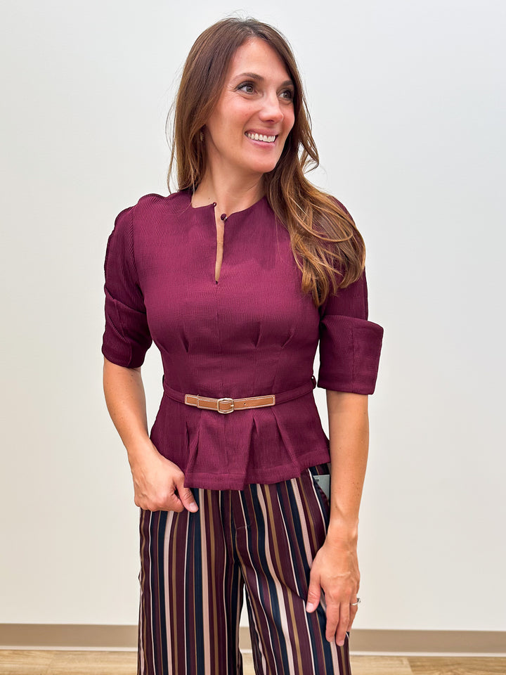 3/4 SLEEVE PINTUCK TOP W/BELT - BORDEAUX
