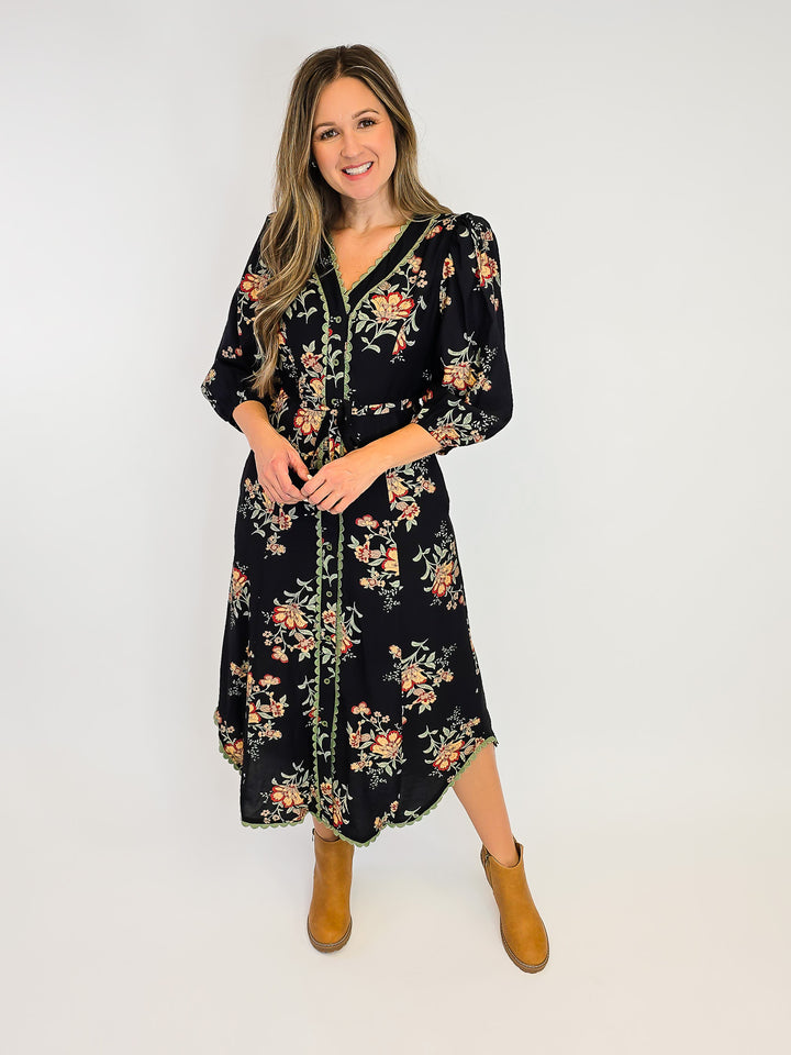 FLORAL MIDI DRESS W/ OLIVE TAPING DETAIL - BLACK