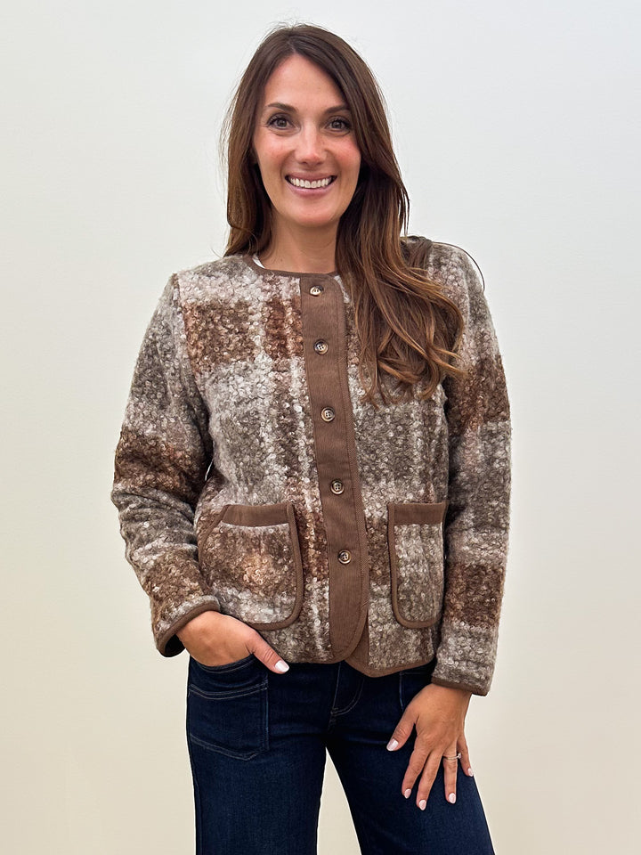 PLAID SHERPA COLLARLESS JACKET W/CORDUROY - BROWN