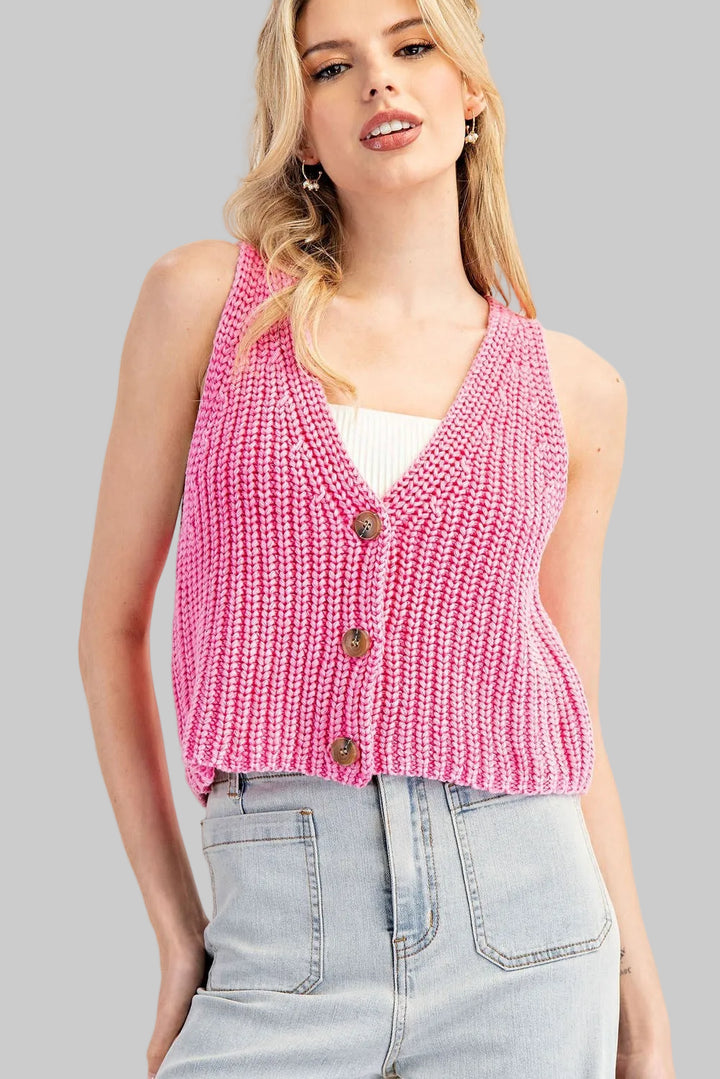CROPPED BUTTON DOWN SLEEVELESS SWEATER - HOT PINK
