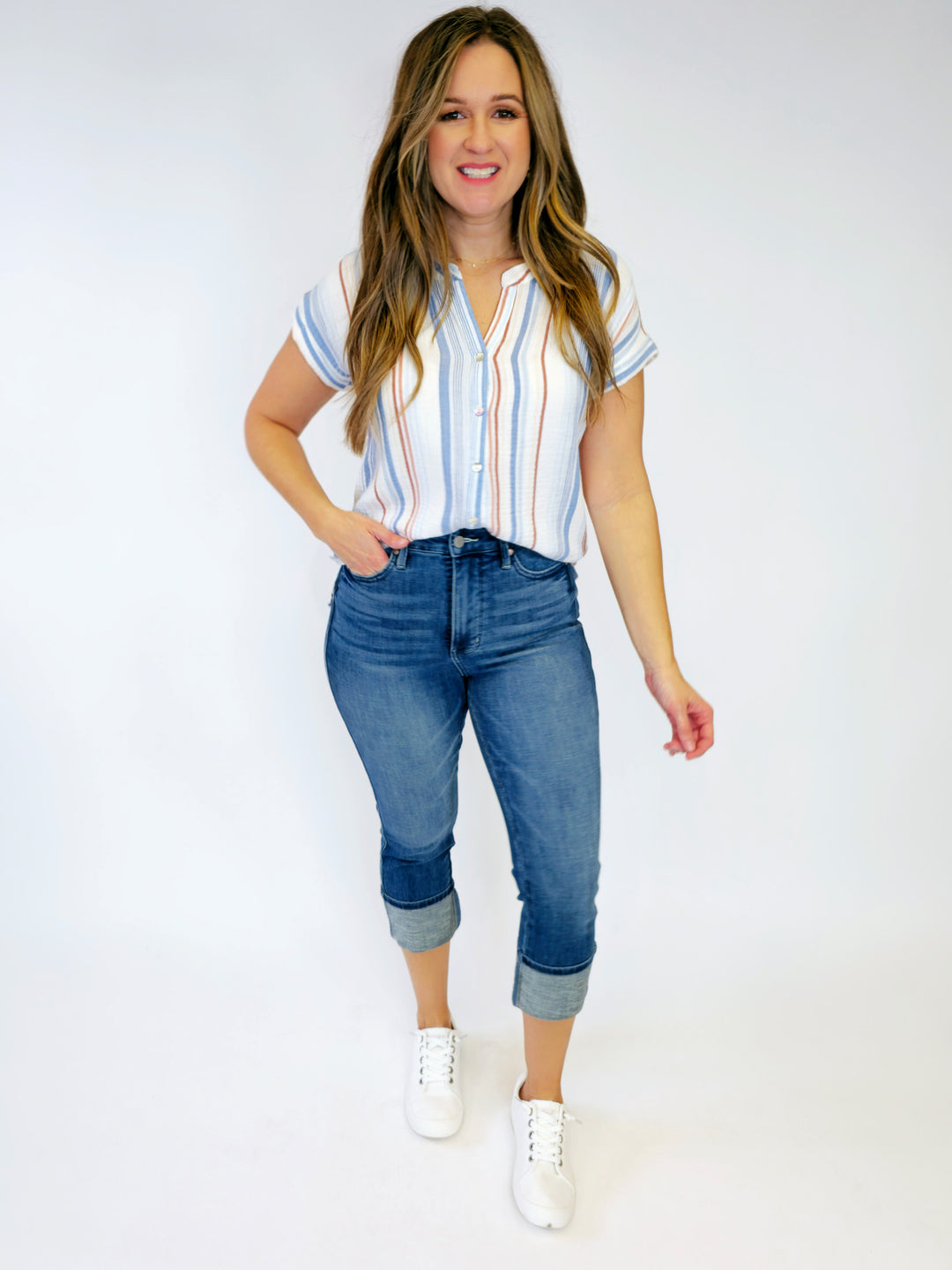 STRIPED GAUZY BUTTON UP CAP SLEEVE TOP - CHAMBRAY