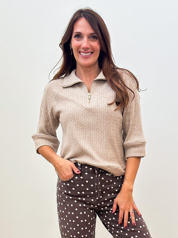 3/4 SLEEVE HALF ZIP SWEATER - TAUPE