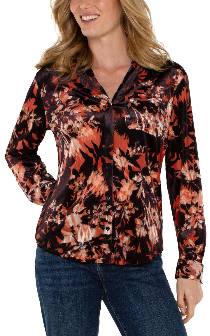 LONG SLEEVE BUTTON FRONT KNIT SHIRT - FIRE OPAL BURNOUT