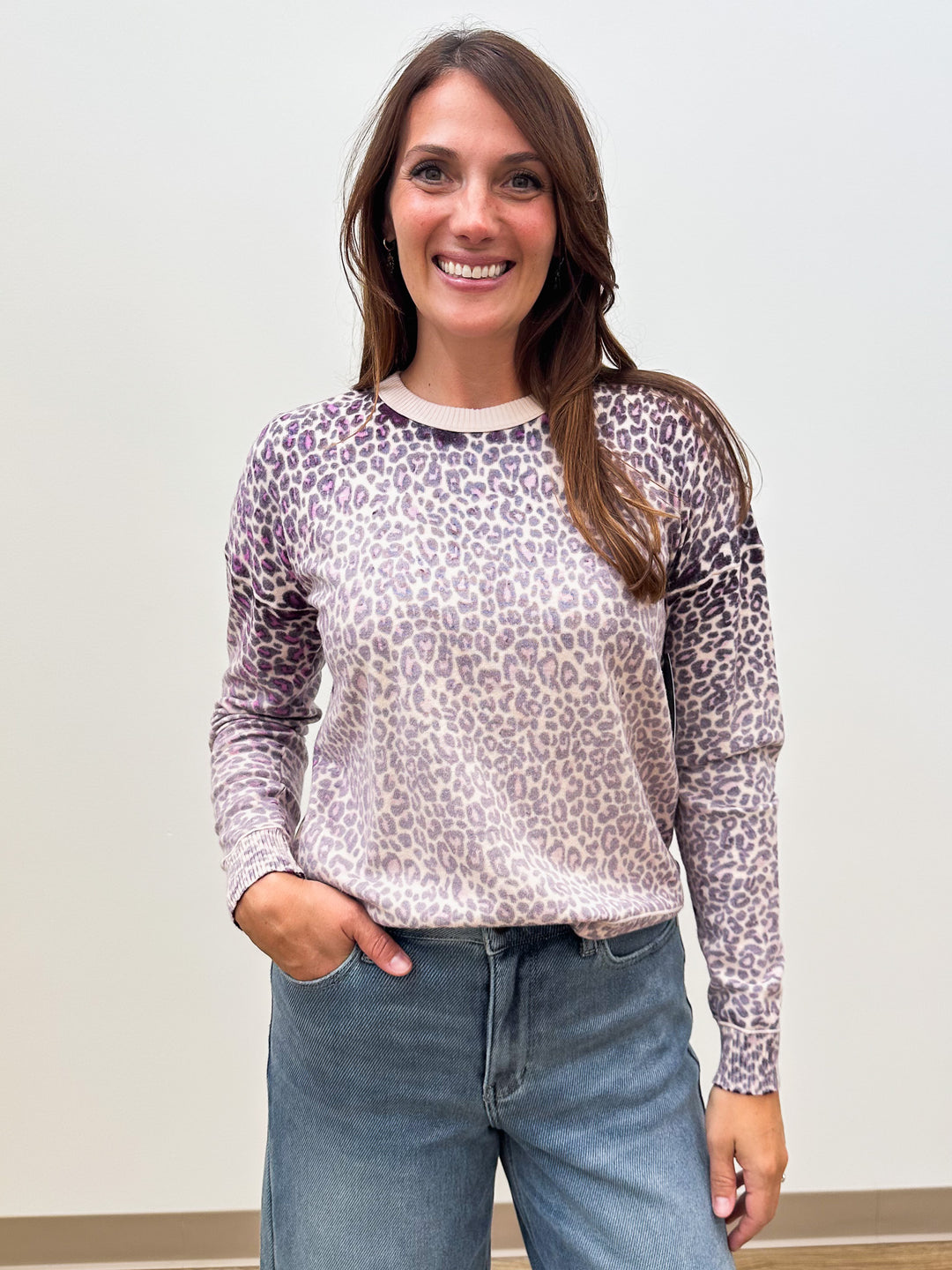 LONG SLEEVE CREW NECK ANIMAL PRINT SWEATER - BEIGE/PLUM