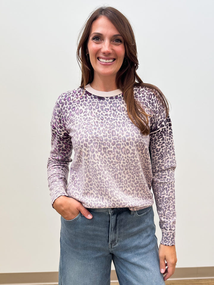 LONG SLEEVE CREW NECK ANIMAL PRINT SWEATER - BEIGE/PLUM