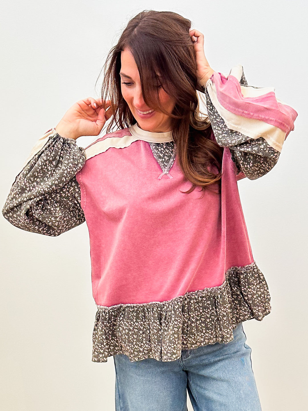 LONG SLEEVE MIX TERRY BABYDOLL TUNIC - MAUVE