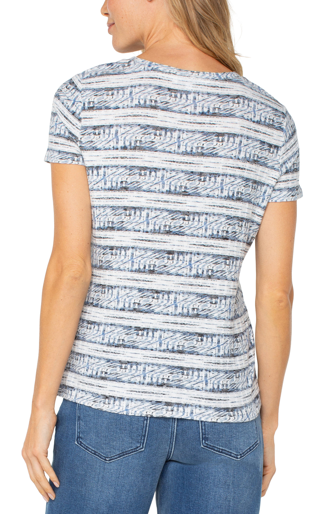 SHORT SLEEVE SCOOP NECK KNIT TOP W/MITER FRONT - INDIGO