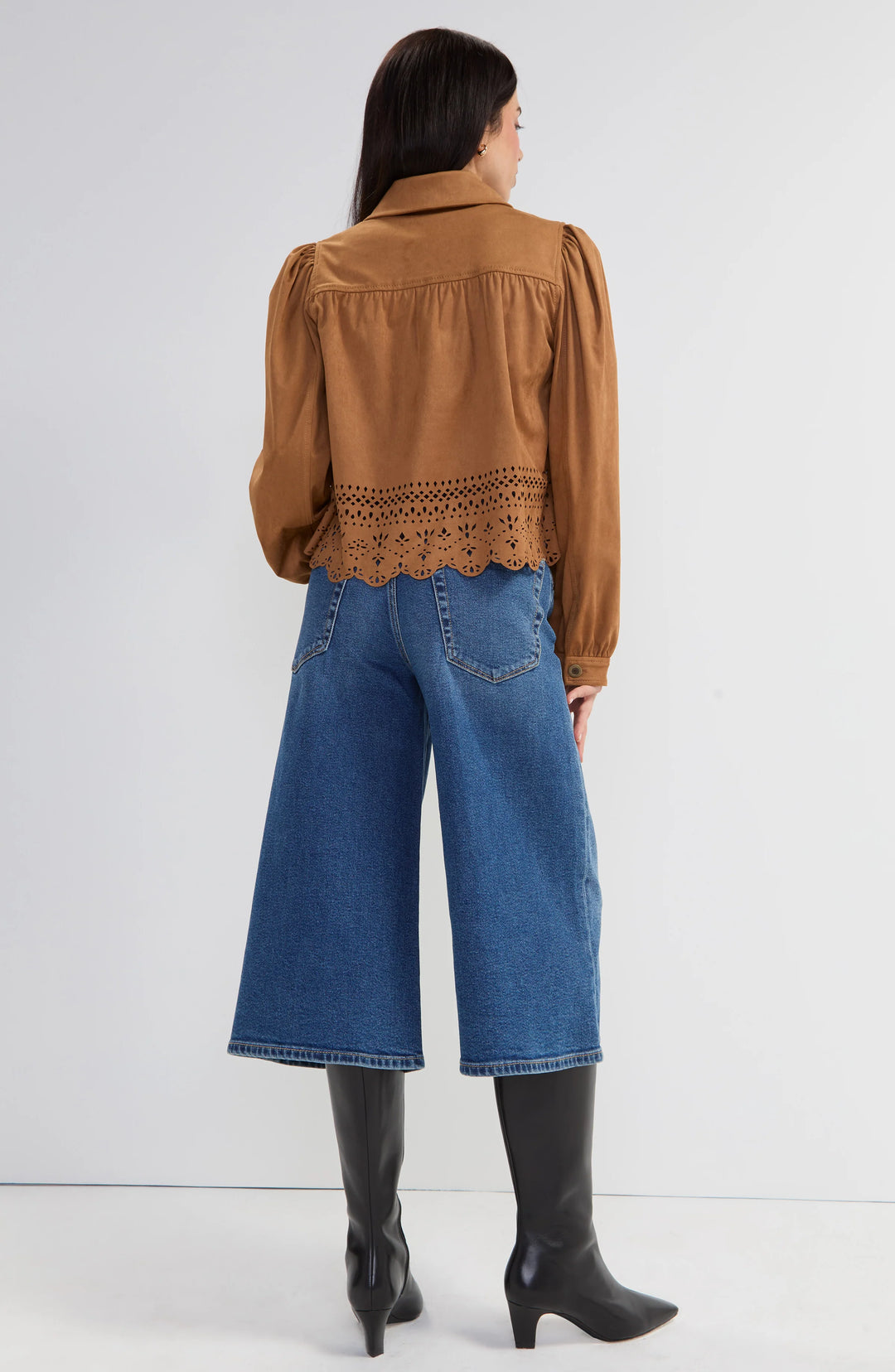 PUFF SLEEVE JACKET W/LASER CUT HEM - CARAMEL