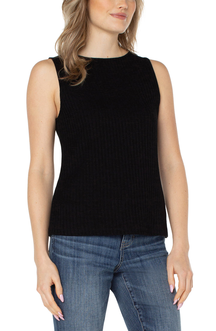 SLEEEVLESS BOAT NECK RIB KNIT TOP - BLACK