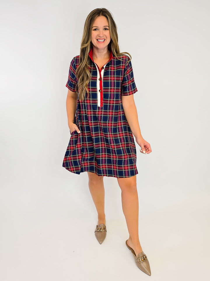 PLAID COTTON DRESS W/ SLEEVES - NAVY