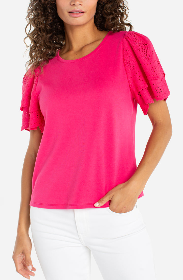 SHORT SLEEVE KNIT-TO-WOVEN TOP W/EMBROIDERY - DIVA PINK