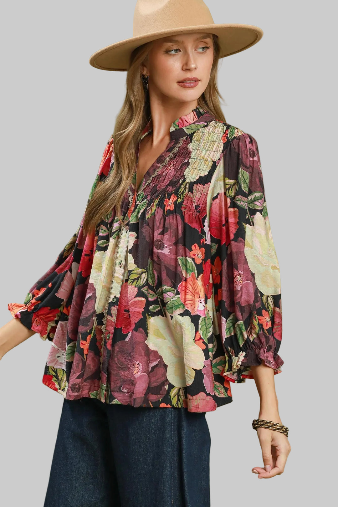 3/4 SLEEVE MIX FLORAL BUTTON FRONT BLOUSE - BLACK MIX