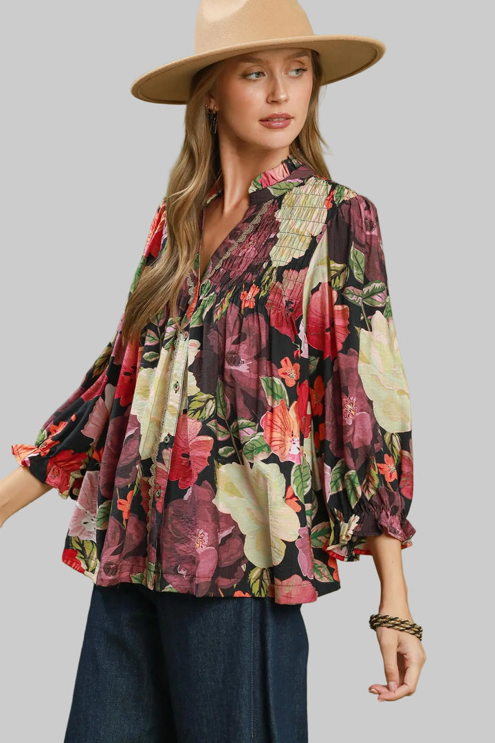 3/4 SLEEVE MIX FLORAL BUTTON FRONT BLOUSE - BLACK MIX