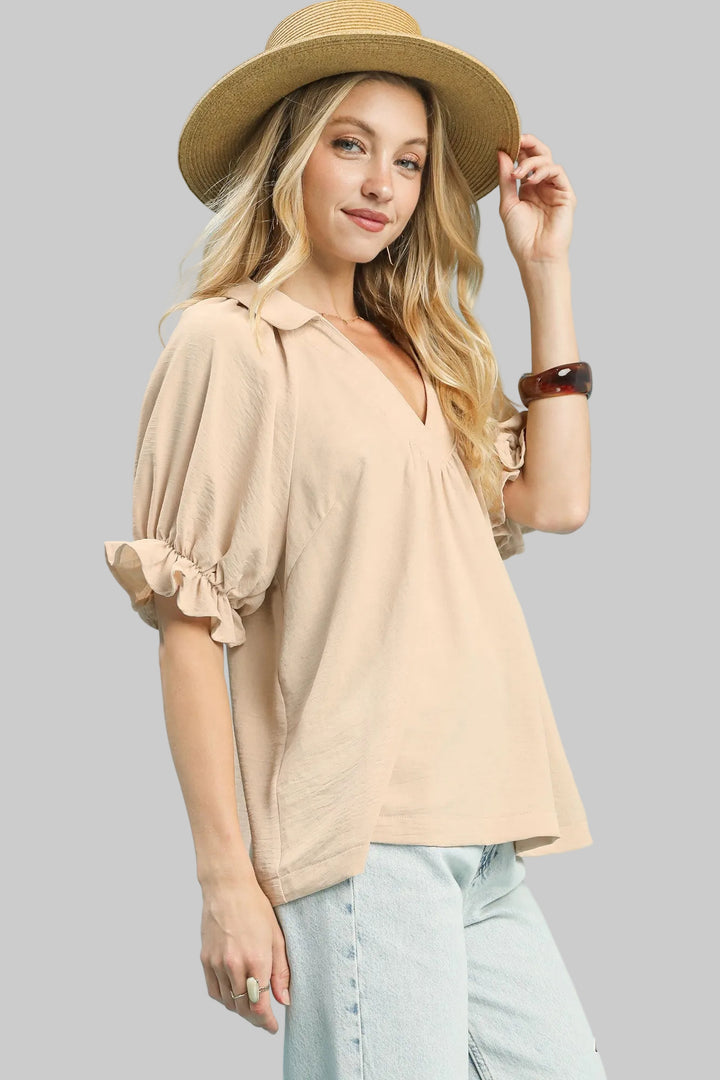 SHORT PUFF SLEEVE COLLARED SOLID TOP - NATURAL