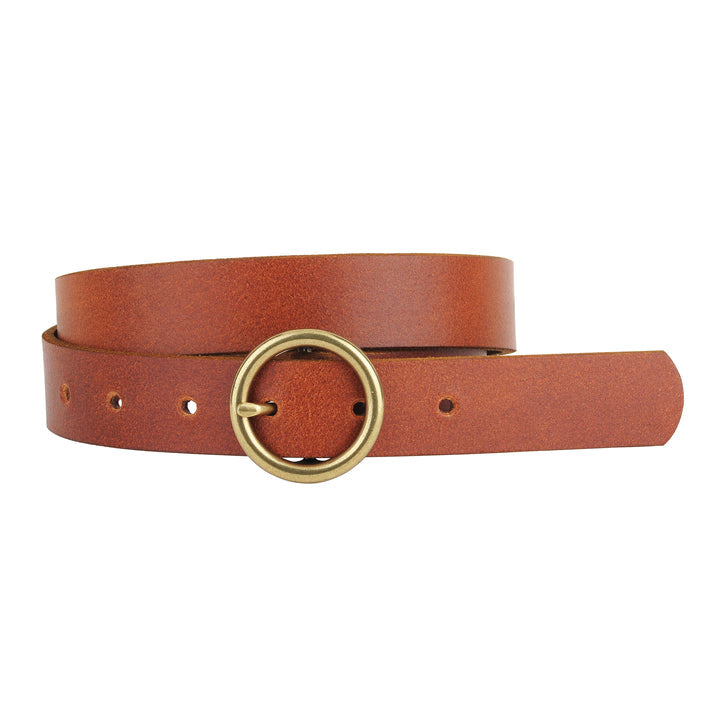 BRASS TONED CIRCLE BUCKLE LEATHER BELT - TAN