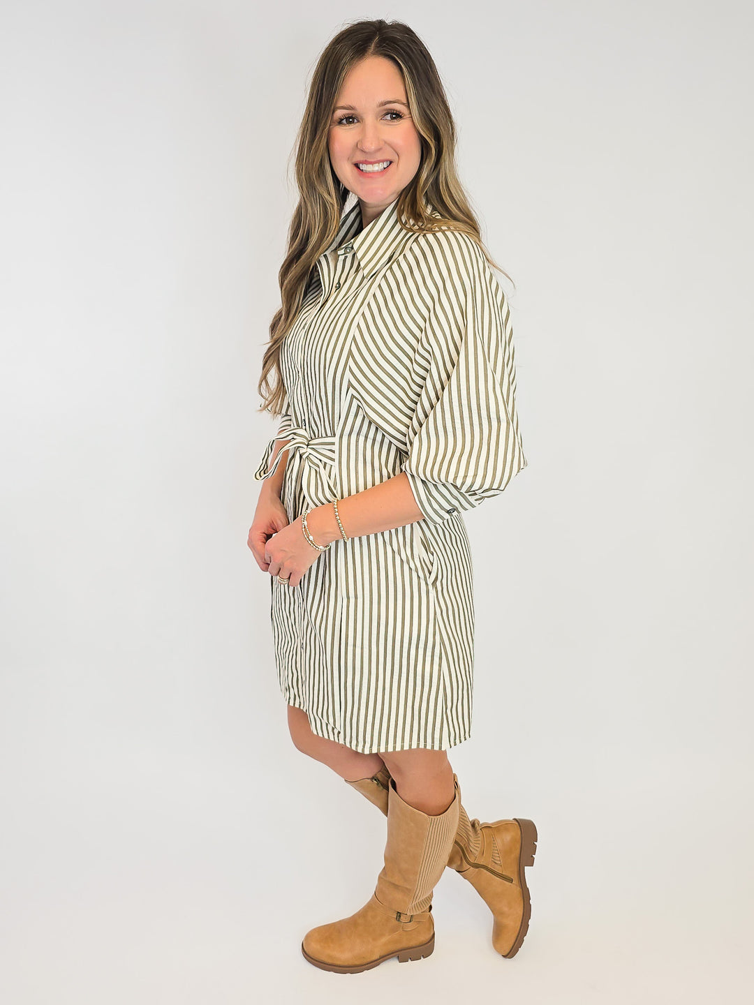 3/4 PUFF SLEEVE STRIPED SHORT DRESS - OLIVE