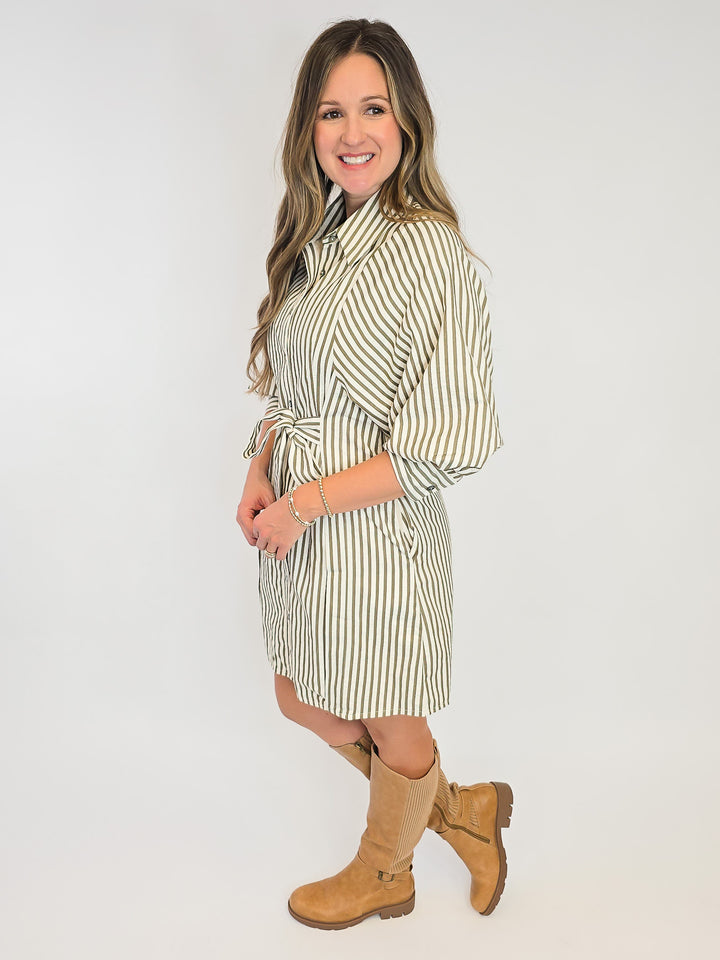 3/4 PUFF SLEEVE STRIPED SHORT DRESS - OLIVE