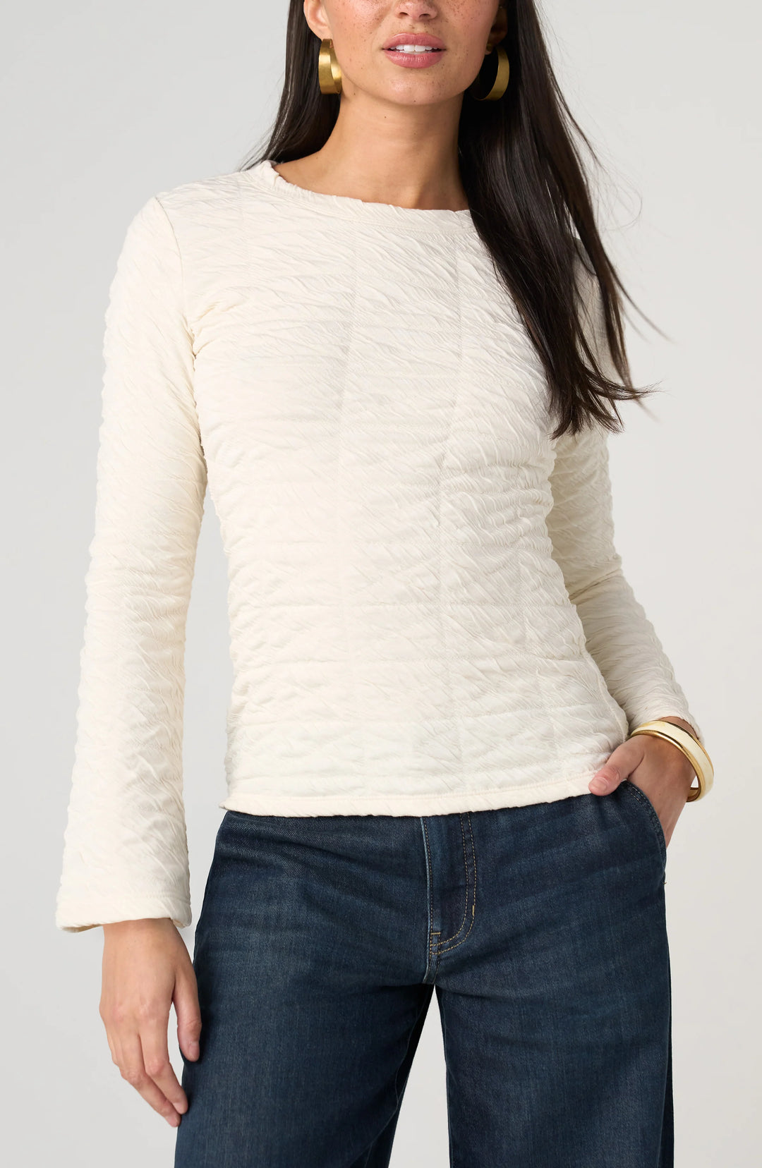 LONG FLARE SLEEVE CREW NECK TOP - CREAM