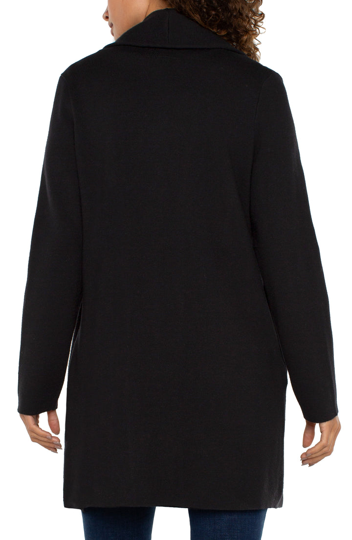 LONG SLEEVE OPEN FRONT SHAWL SWEATER COAT - BLACK