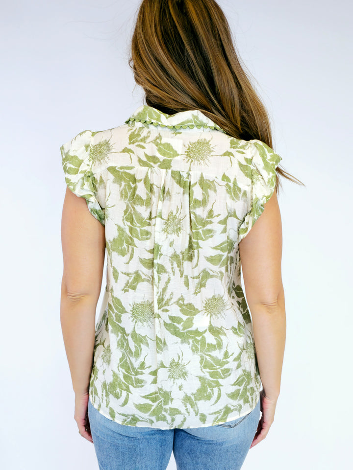 BOTANICAL PRINT BABY DOLL TOP W/CAP SLEEVES - GREEN