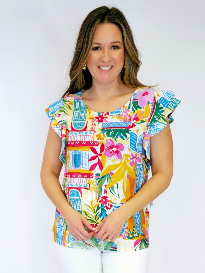 DOUBLE RUFFLE SLEEVE FLORAL ABSTRACT TOP - BLUE