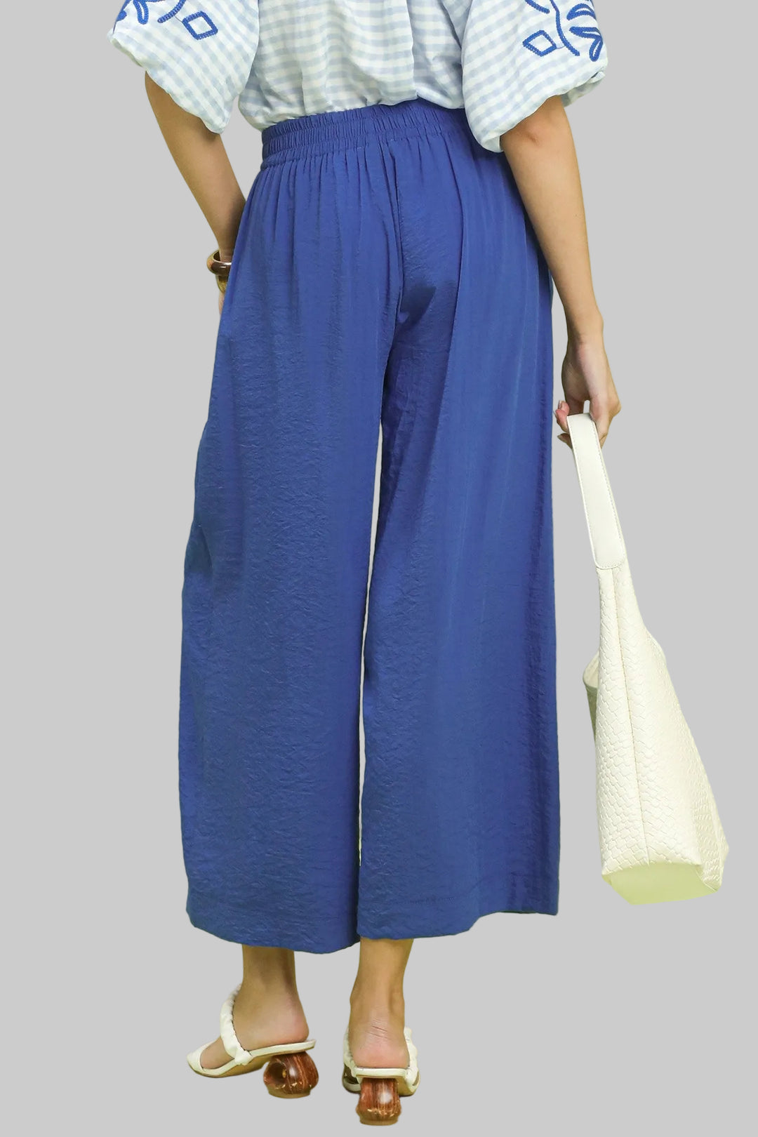SOLID PLEAT WIDE LEG CROPPED PANTS - BLUE