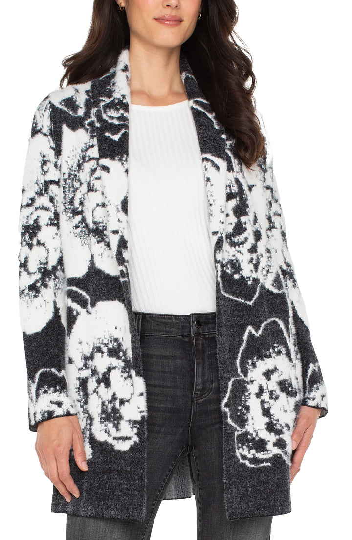 LONG SLEEVE OPEN FRONT SHAWL SWEATER COAT - BLACK WHITE FLORAL
