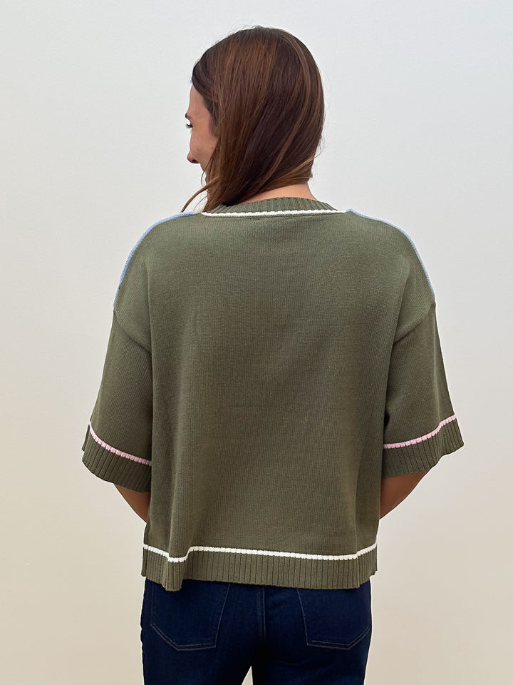 HALF SLEEVE CONTRAST SWEATER - OLIVE