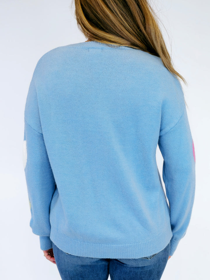 MULTI COLOR HEARTS PULLOVER SWEATER - BLUE