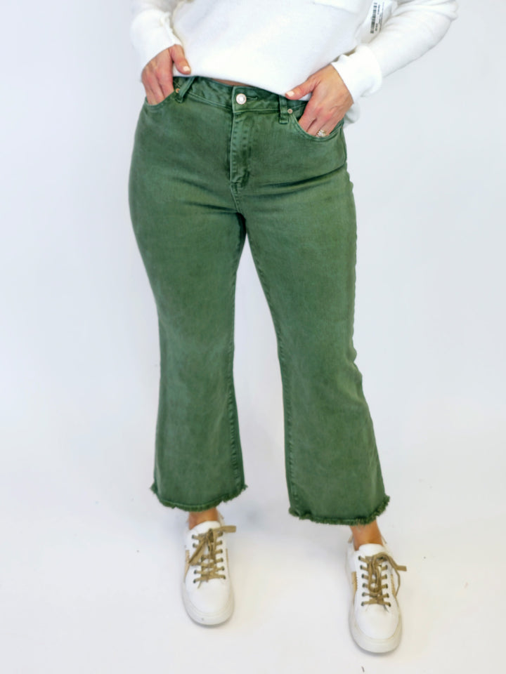 ACID WASHED HIGH WAIST FRAYED HEM BOOTCUT PANTS - OLIVE