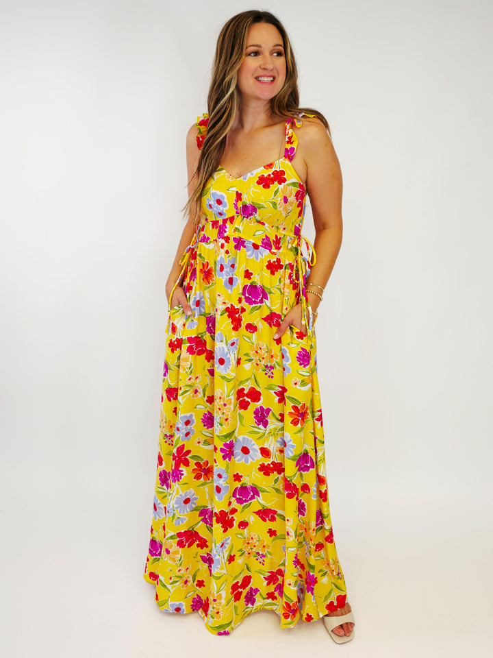 FLORAL PEACH BLOSSOM MAXI DRESS - SUNFLOWER