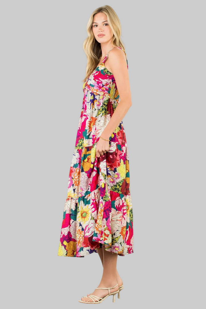 FLORAL TIERED MIDI DRESS - FUCHSIA