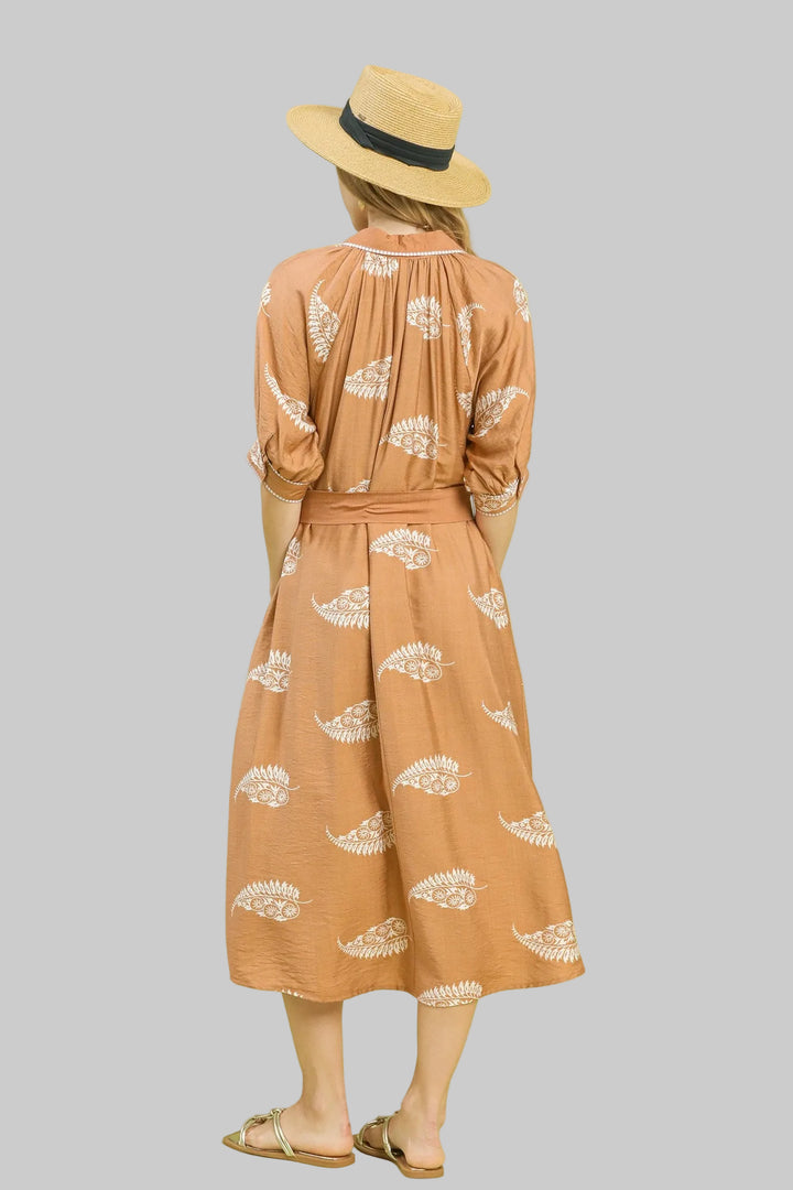 TWO TONE PAISLEY BORDER PRINT MIDI DRESS - LATTE