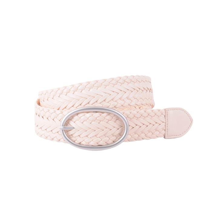 WOVEN BELT W/SILVER OVAL BUCKLE - BEIGE